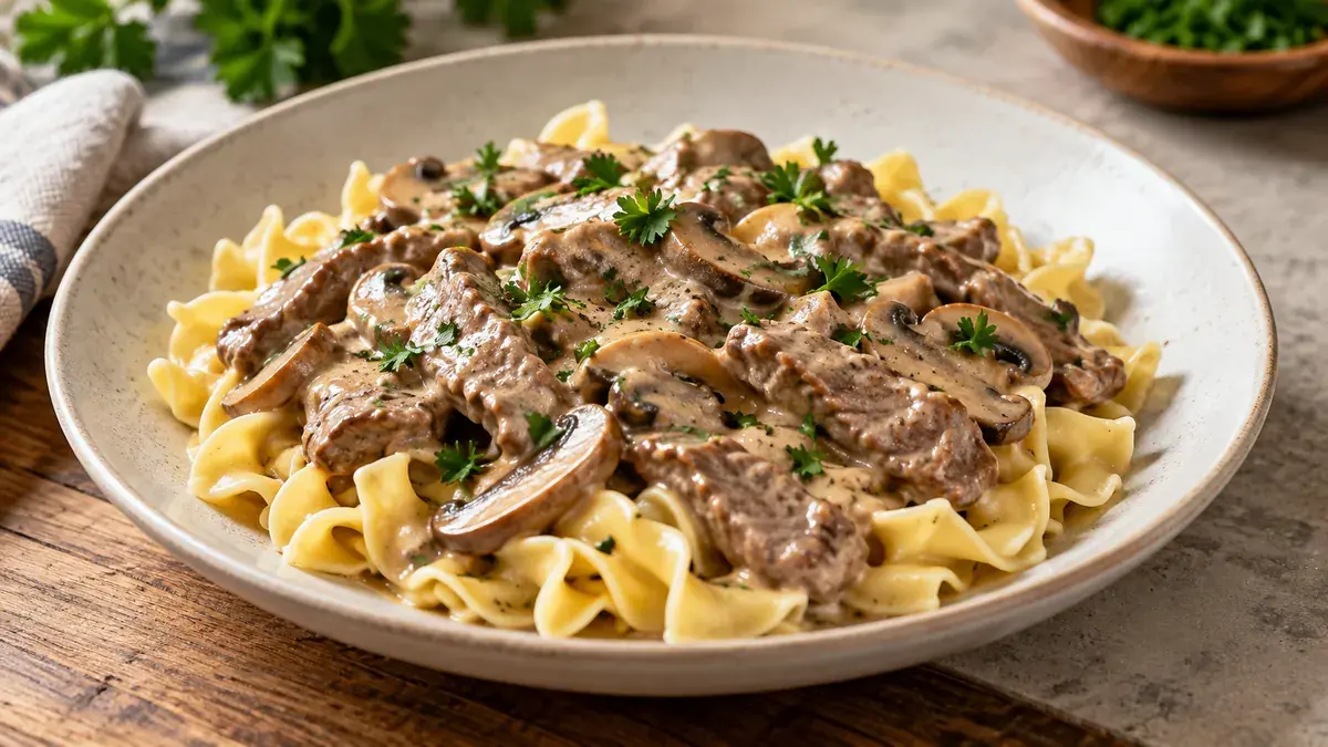 Beef stroganoff with mushrooms in a creamy sauce over egg noodles, sprinkled with parsley