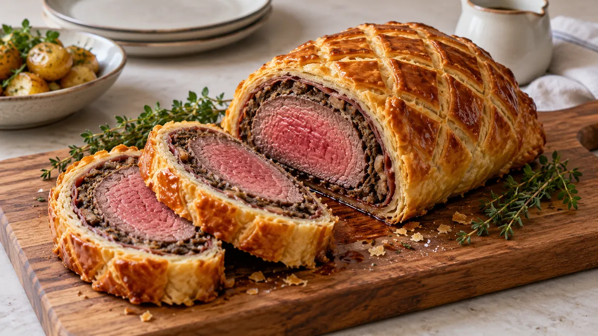 Golden puff pastry beef Wellington sliced to show pink beef, mushroom duxelles and prosciutto