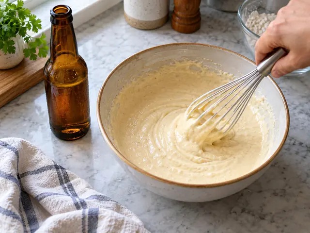 A hand whisking cold beer into a bowl of flour batter until smooth and pancake-thick, a bottle of beer beside the bowl