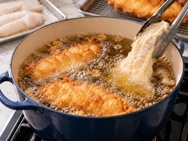 A piece of cod coated in beer batter being lowered into a pot of hot oil with tongs, golden battered fillets already frying