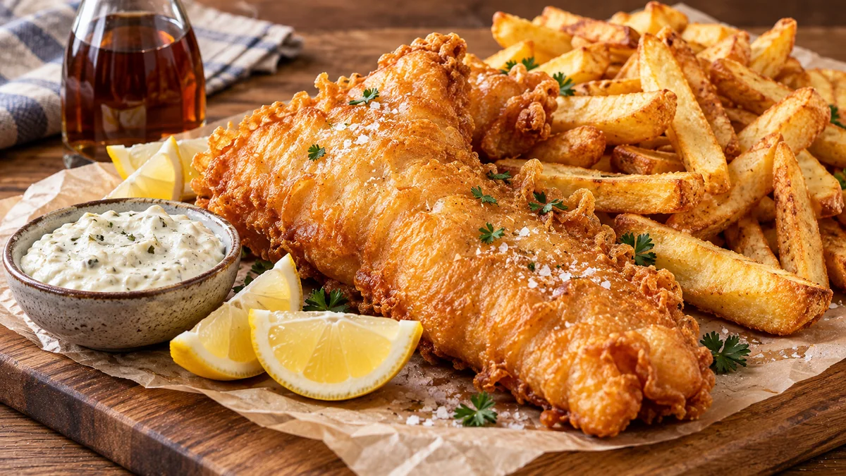 Beer-battered fish fillets with thick-cut chips, lemon wedges and tartar sauce