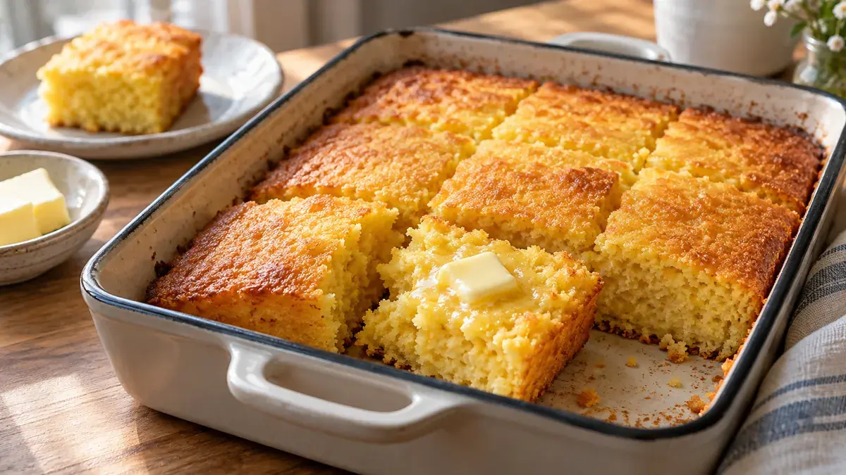 Golden cornbread cut into squares in a baking pan, one piece with melting butter