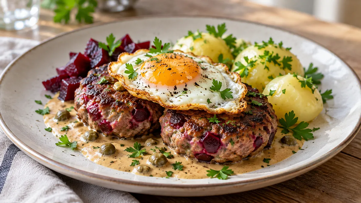 Beef patties with beets and capers topped with a fried egg, with cream sauce, potatoes and pickled beets
