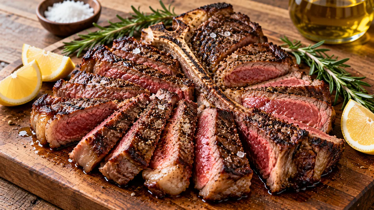Florentine porterhouse sliced off the bone on a board, rare in the center, with olive oil, lemon and rosemary