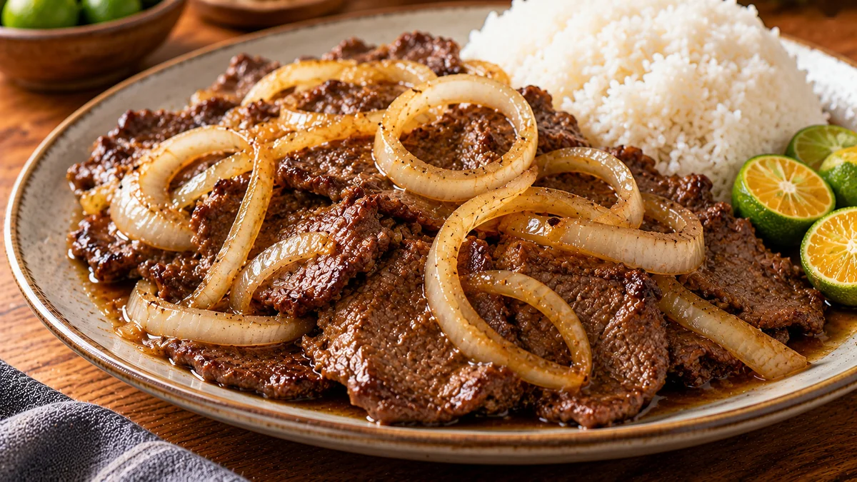 Bistek Tagalog thin beef slices with onion rings in soy citrus sauce