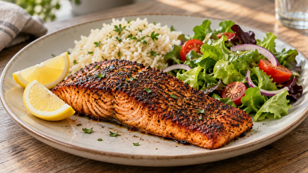 Blackened salmon fillet with a dark spice crust, lemon, rice and green salad