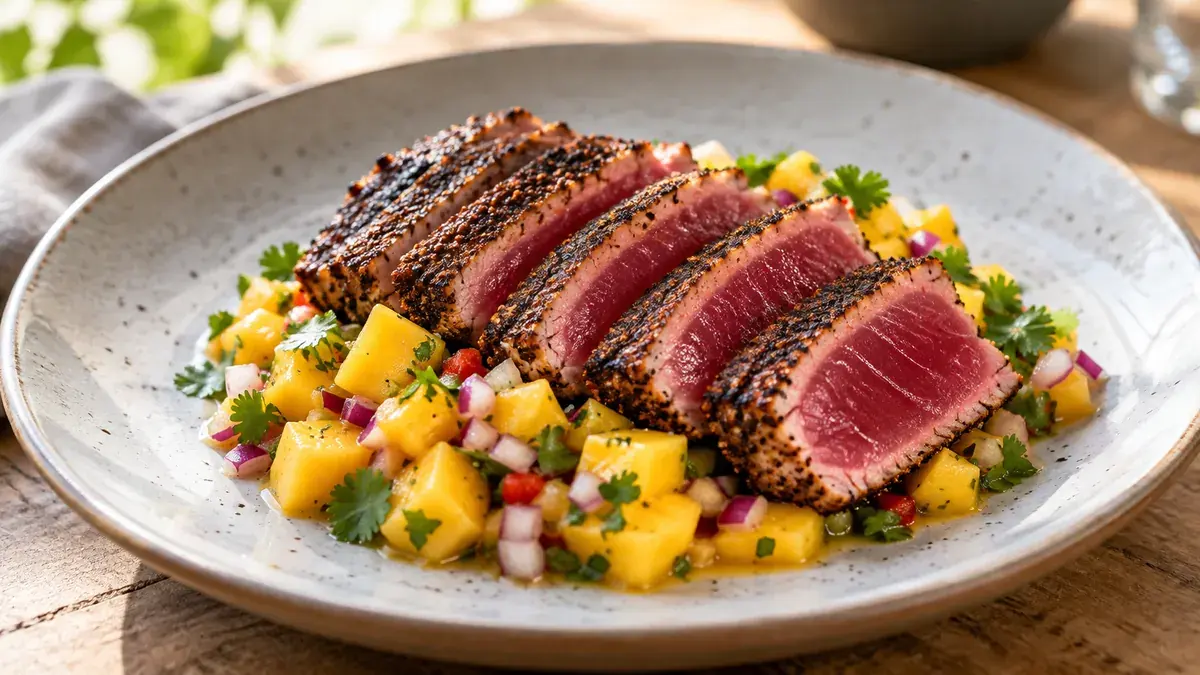 Sliced blackened tuna with a dark spice crust and rare center over mango salsa