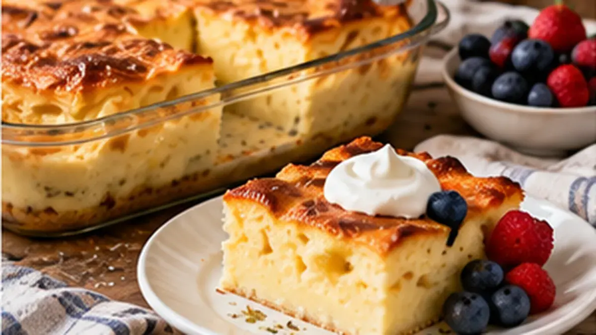 Blintz souffle in a baking dish, one square served with sour cream and berries