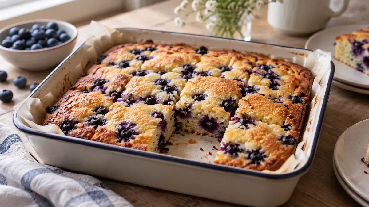 Blueberry cake studded with berries, cut into squares in a baking pan