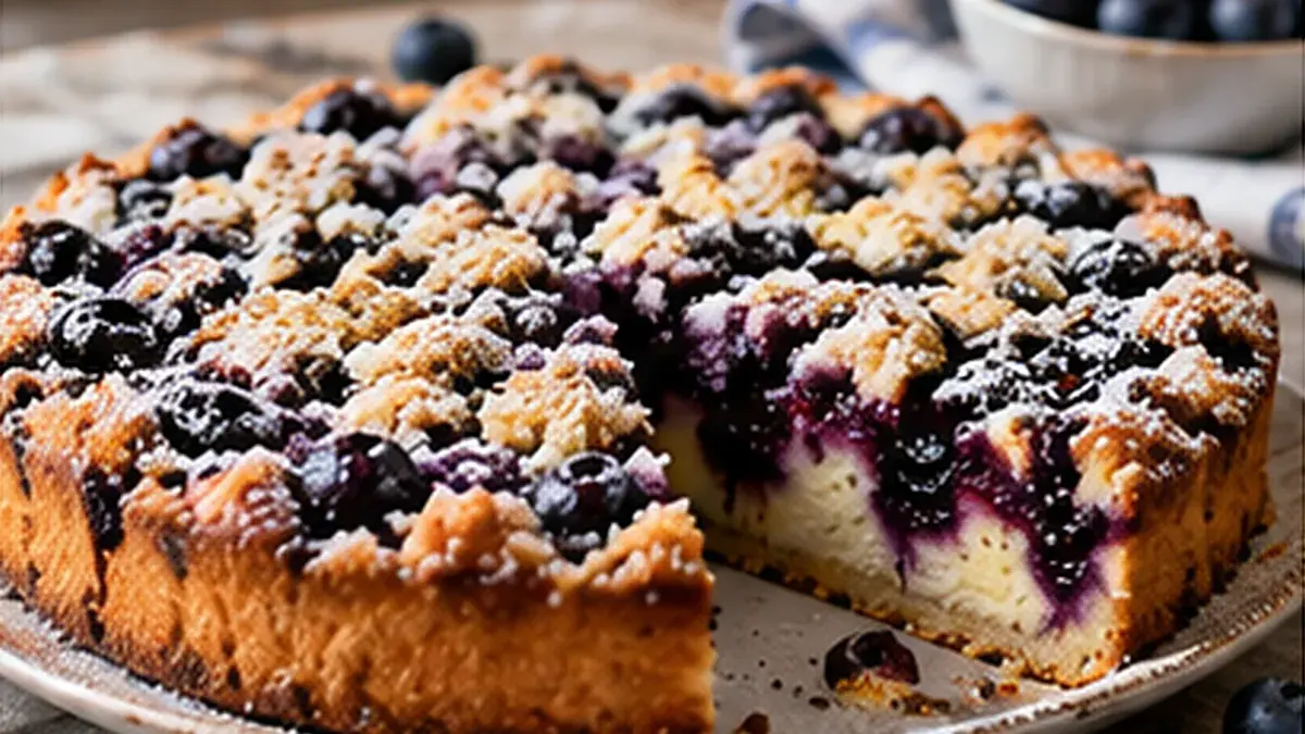 Blueberry kuchen dusted with sugar, one slice cut out