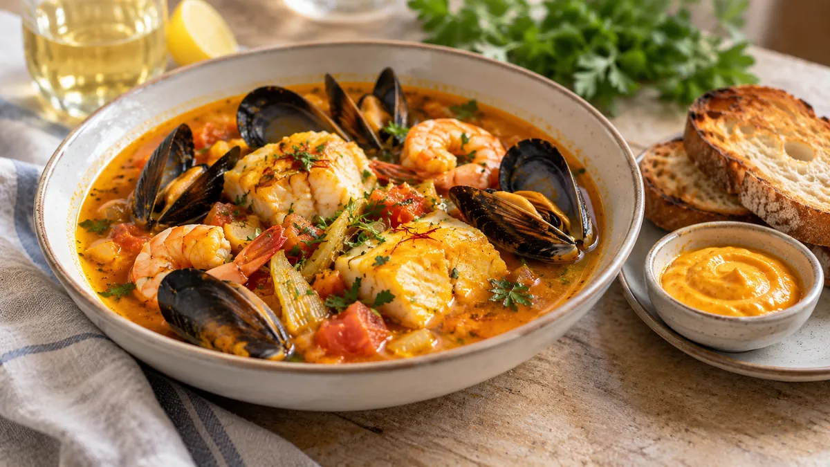 Bowl of saffron bouillabaisse with mussels, shrimp and white fish, with toast and rouille