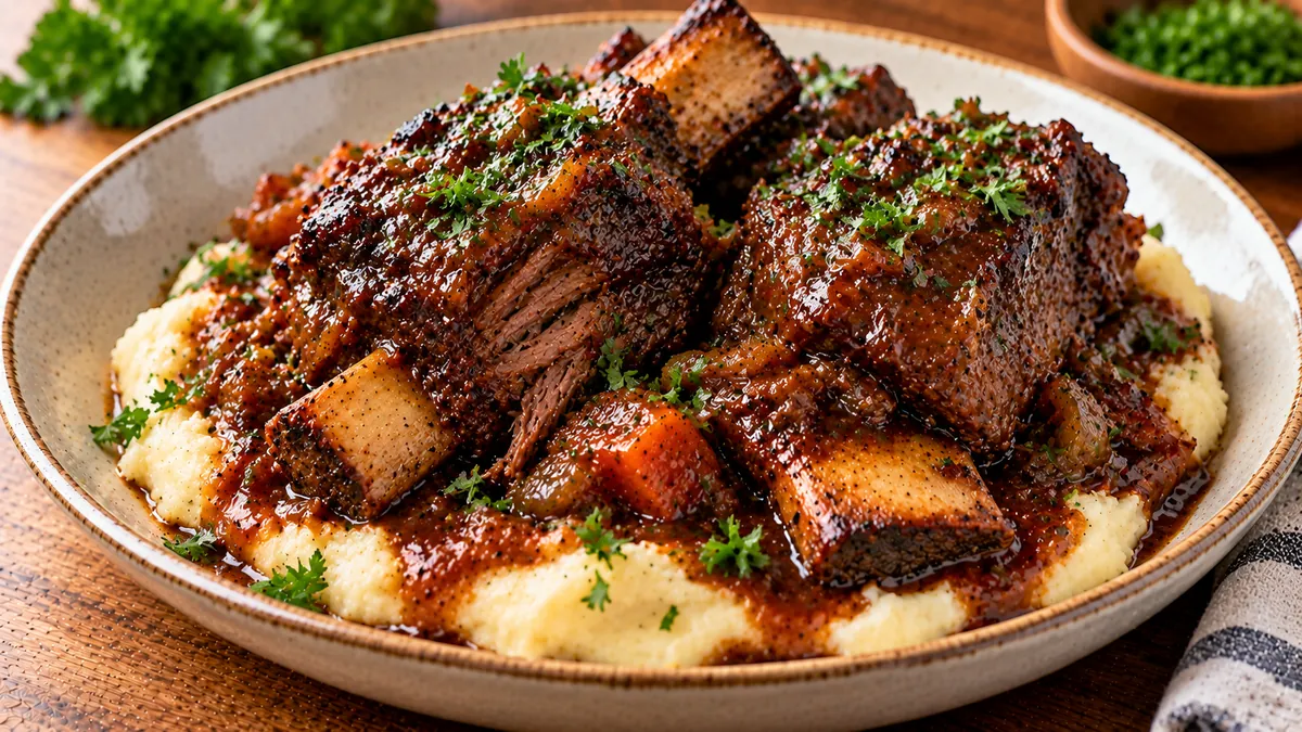 Glossy braised short ribs in red wine sauce over mashed potatoes