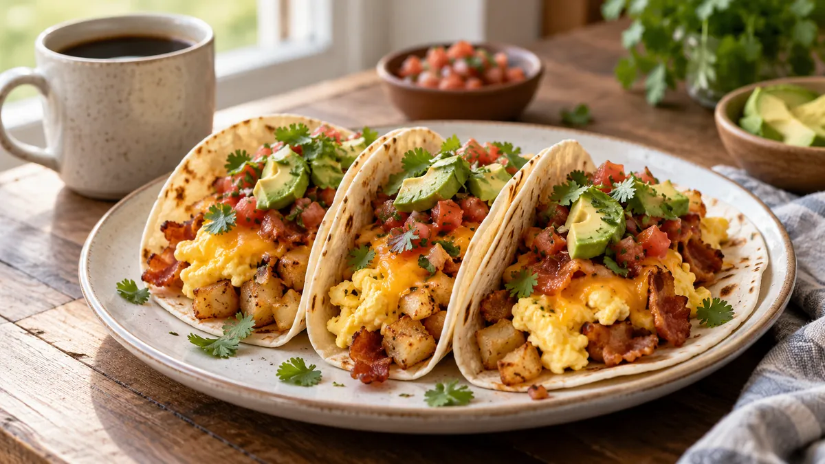 Three breakfast tacos with eggs, potatoes, bacon, cheese, salsa and avocado in flour tortillas