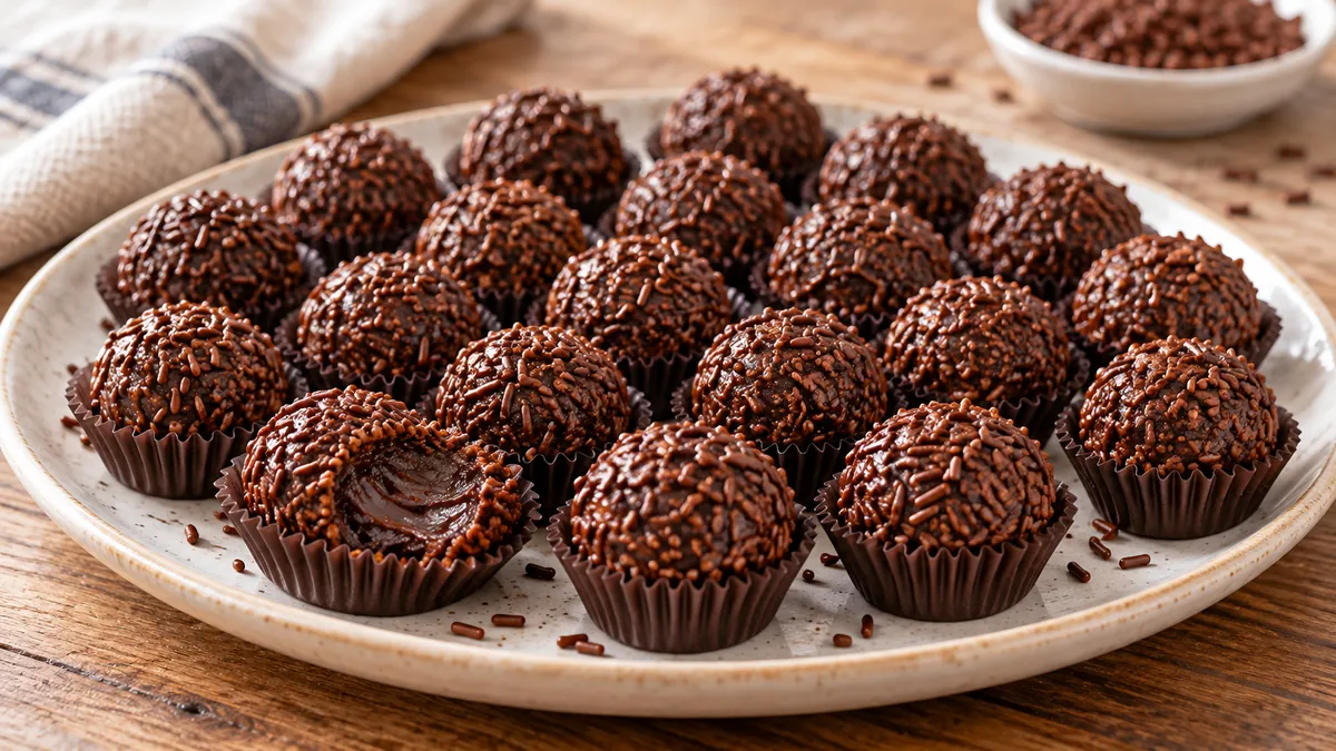 Brigadeiros coated in chocolate sprinkles in brown paper candy cups on a platter, one bitten to show the fudgy center