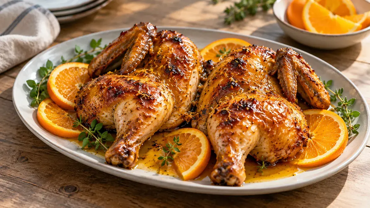 Broiled chicken halves glazed with orange sauce on a platter with orange slices