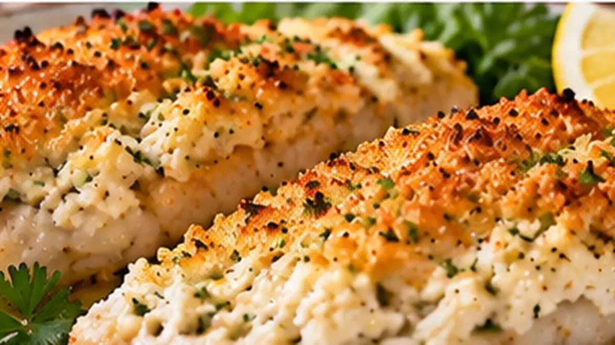 Broiled fish fillets topped with a golden sour cream and bread crumb crust