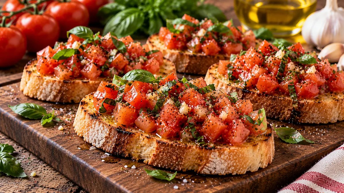 Grilled bread slices topped with chopped tomatoes, basil and olive oil on a board