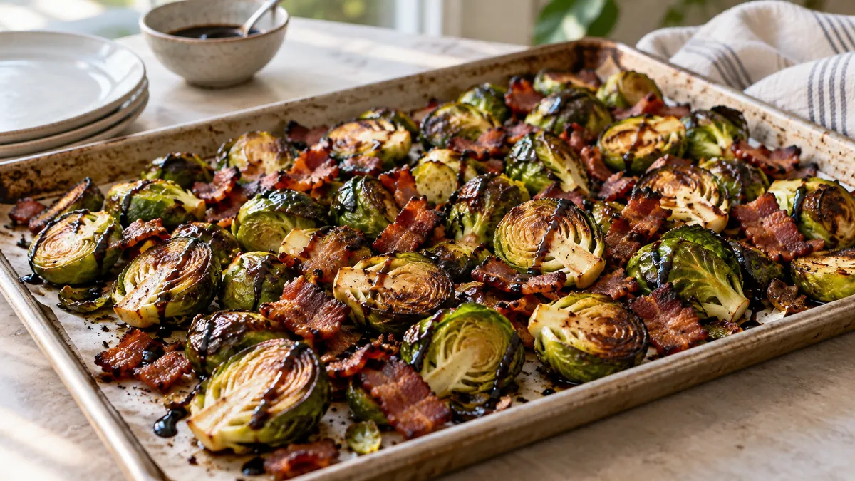 Sheet pan of caramelized roasted Brussels sprouts with crispy bacon