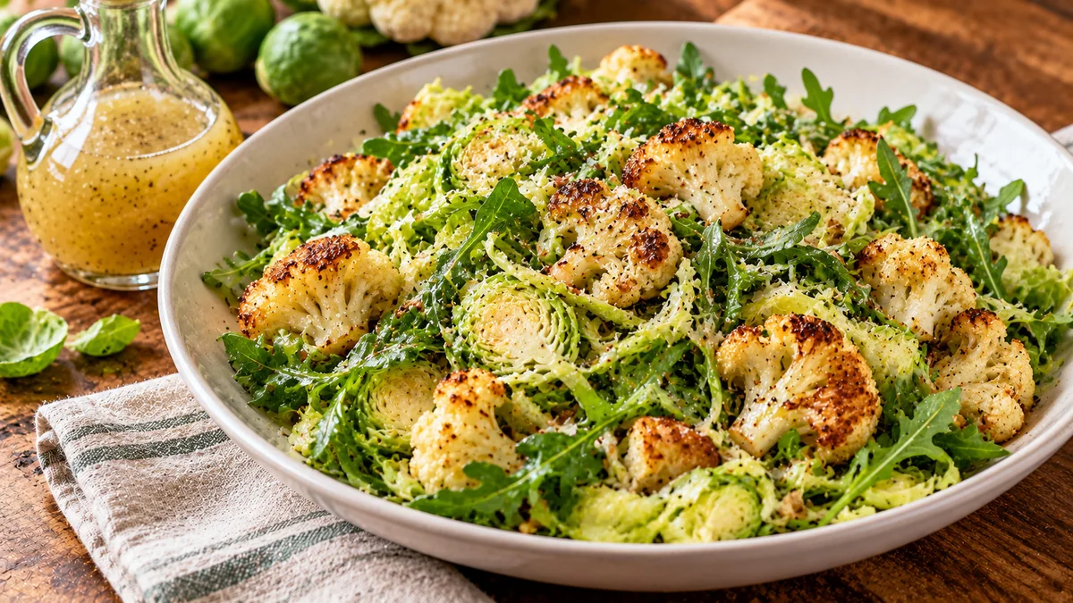 Salad of shaved Brussels sprouts, roasted cauliflower and arugula in a white bowl