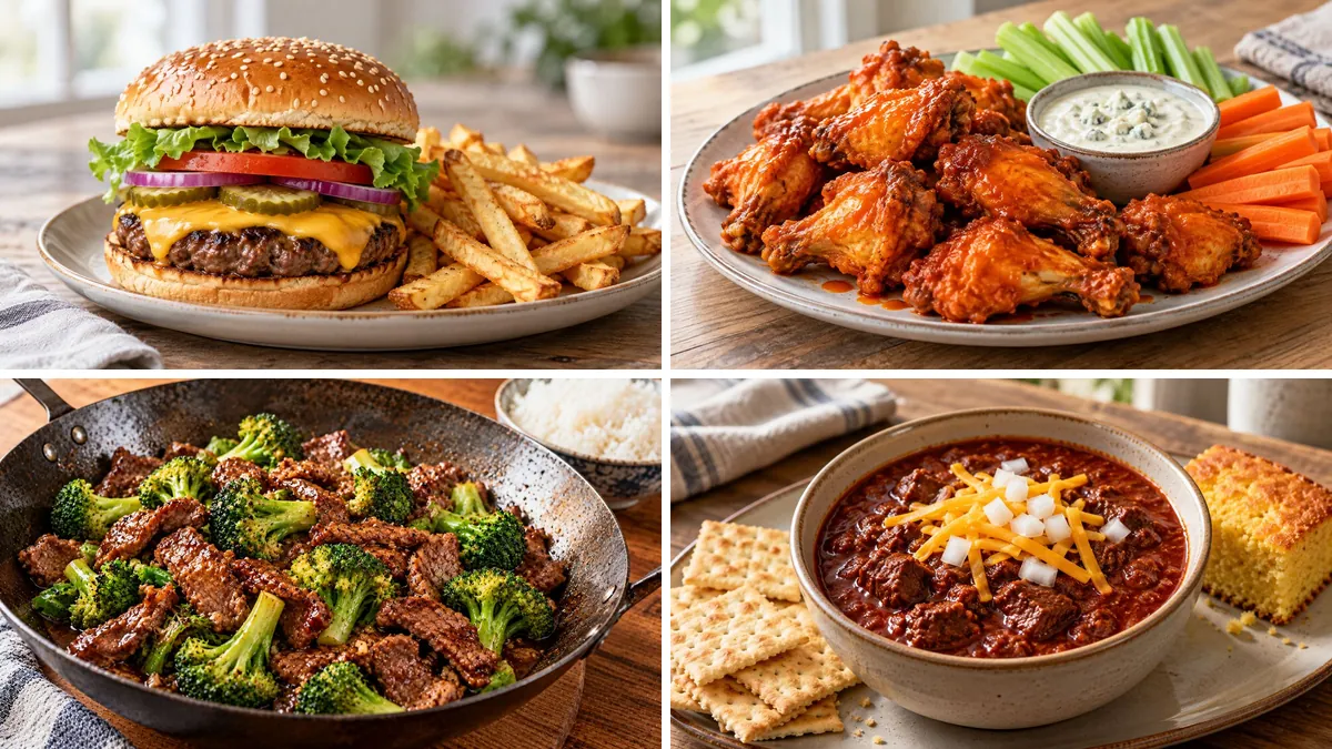 Collage of four Budget-Friendly Recipes: Classic Grilled Cheeseburger, Classic Buffalo Wings, Beef and Broccoli and Texas Chili (Chili con Carne)