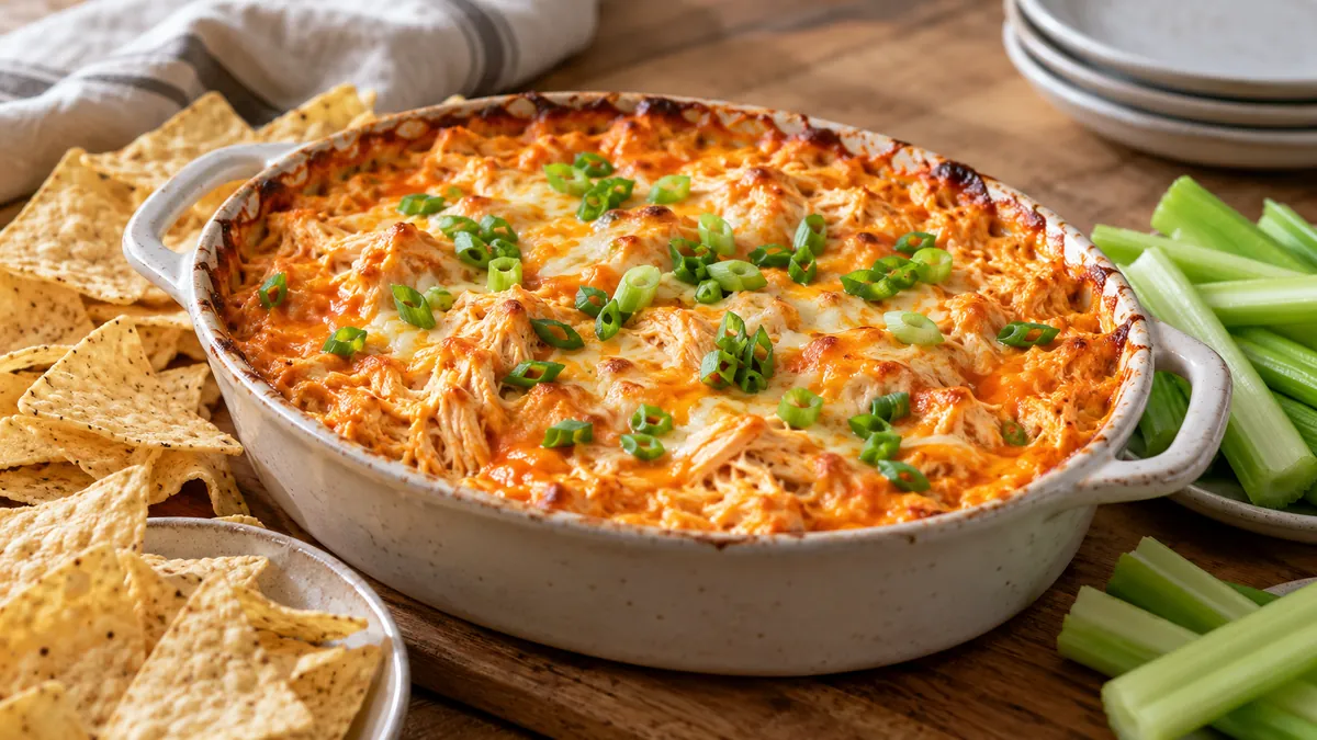 Baking dish of bubbly Buffalo chicken dip with tortilla chips and celery