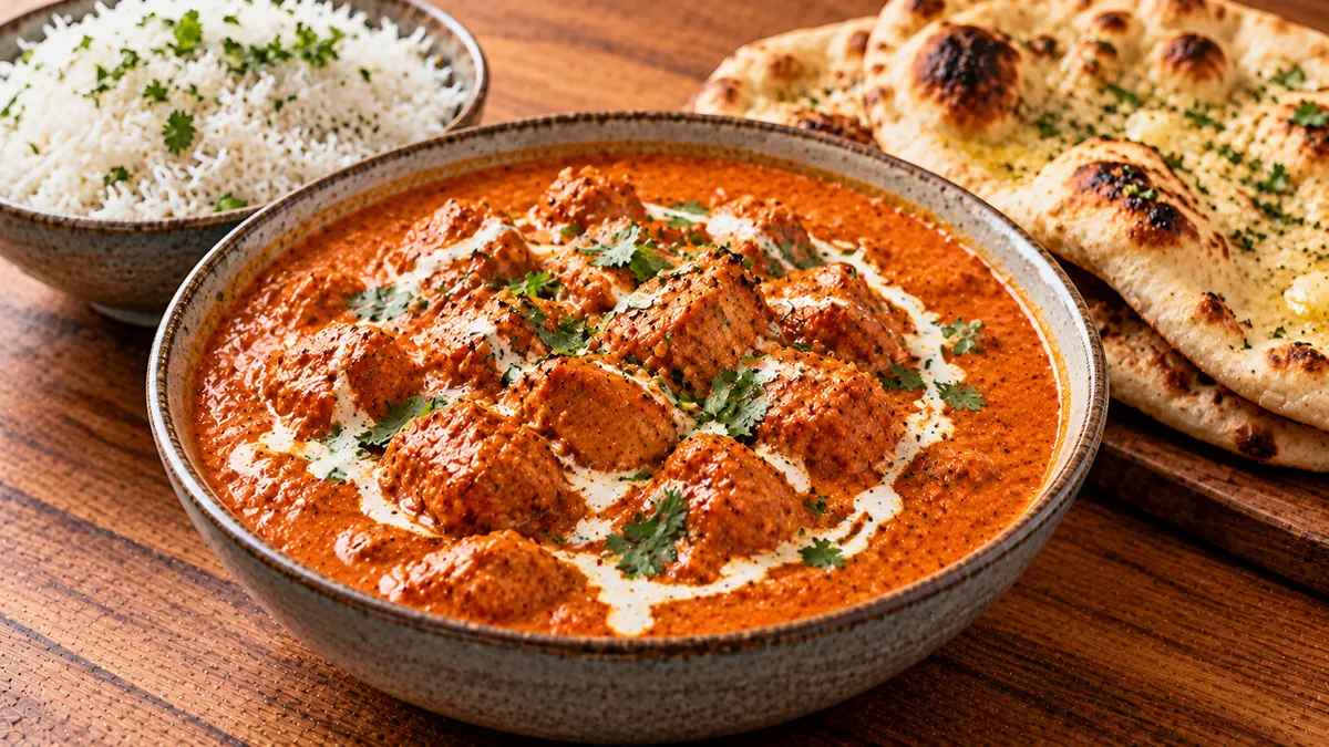 Bowl of creamy butter chicken with a swirl of cream and cilantro, with rice and naan