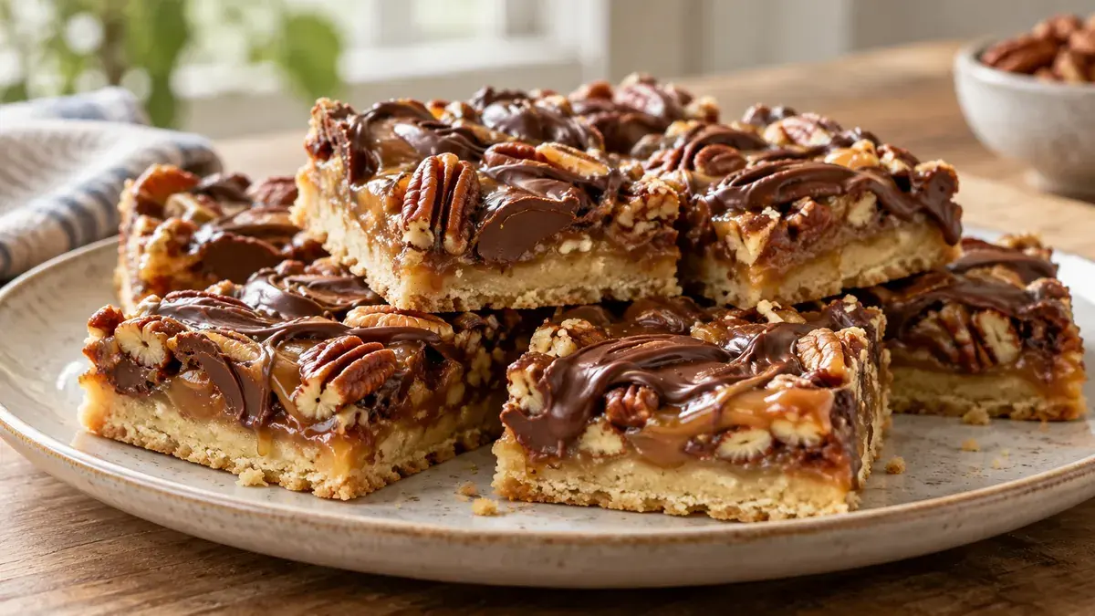 Turtle bars with pecans, caramel and chocolate swirls cut into squares