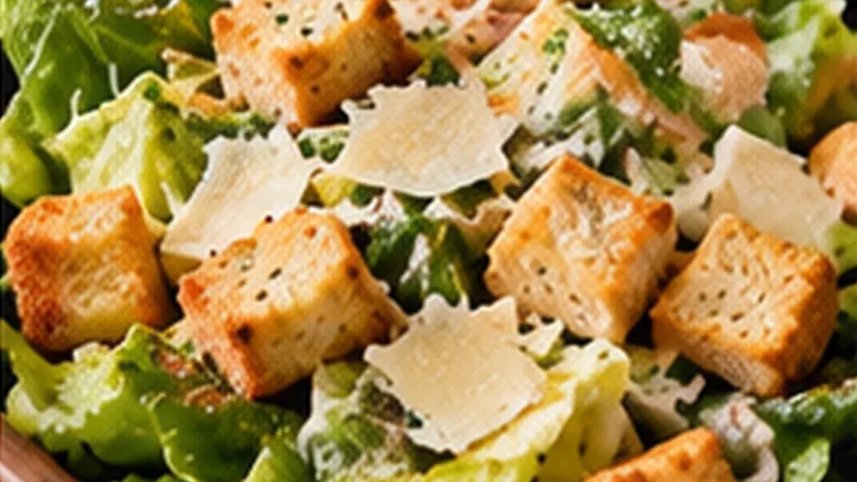 Caesar salad with romaine, golden croutons and shaved Parmesan in a wooden bowl
