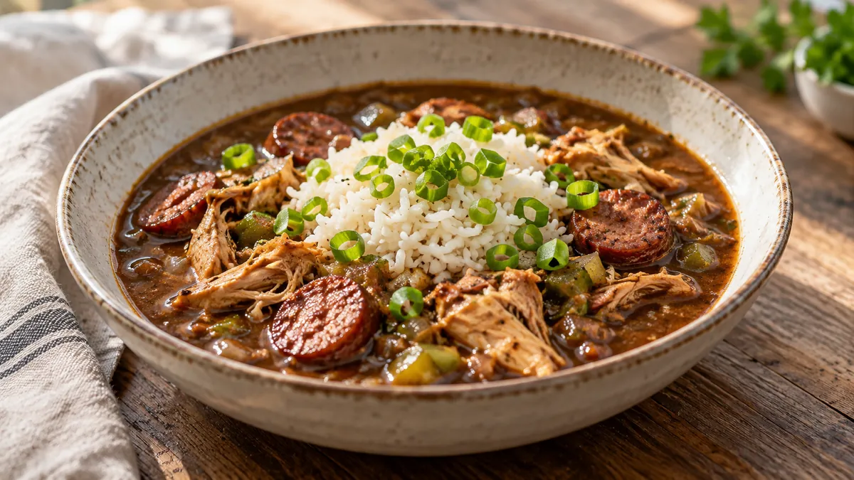Bowl of chicken and andouille sausage gumbo with white rice