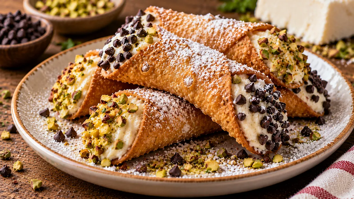 Cannoli filled with ricotta cream, ends dipped in chocolate chips and pistachios, dusted with sugar