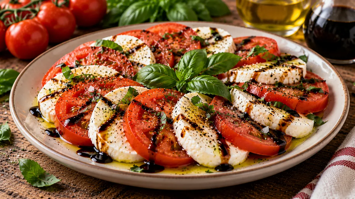 Caprese salad of sliced tomatoes, fresh mozzarella and basil drizzled with olive oil