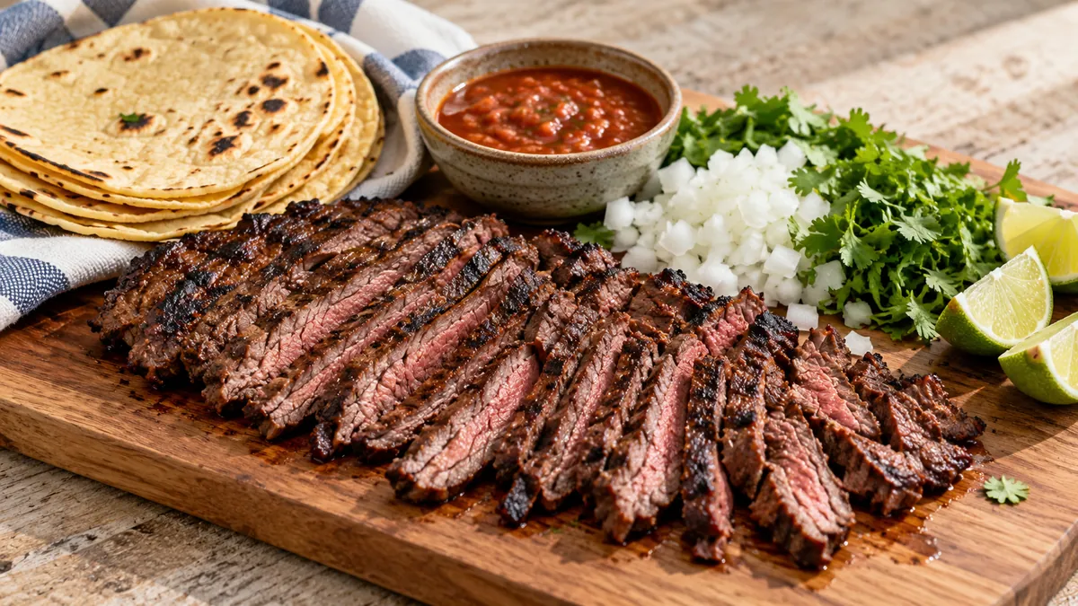 Sliced grilled carne asada on a cutting board with corn tortillas, onion, cilantro, salsa and lime
