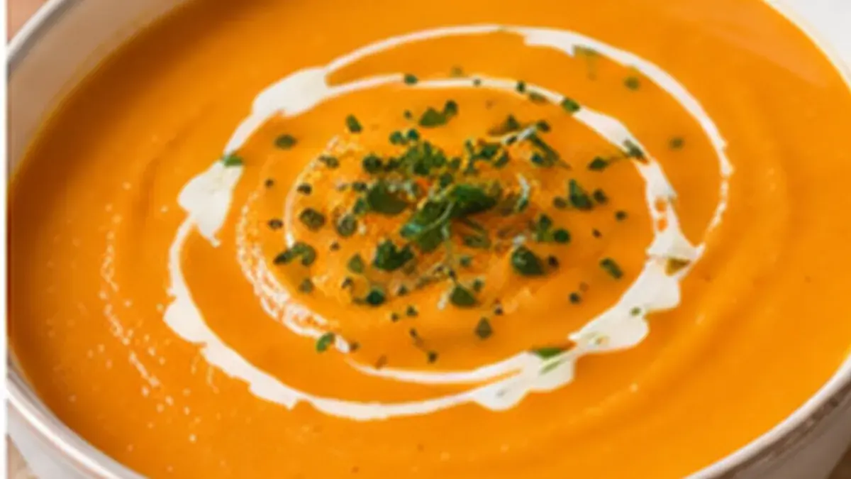 Bowl of smooth orange carrot ginger soup with a swirl of cream and herbs