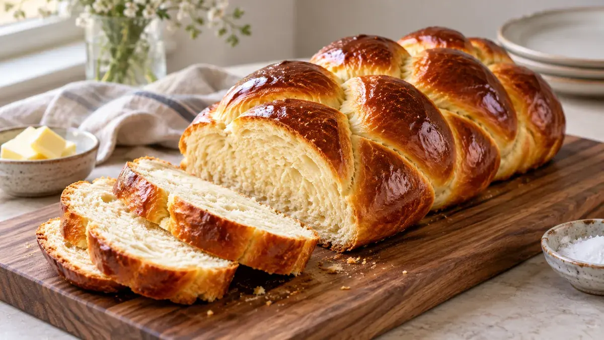 Glossy braided challah loaf on a board with a few slices cut