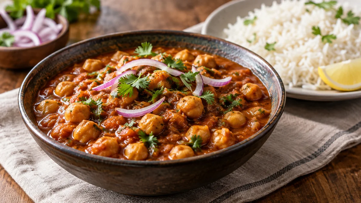 Chana masala chickpea curry with cilantro and rice