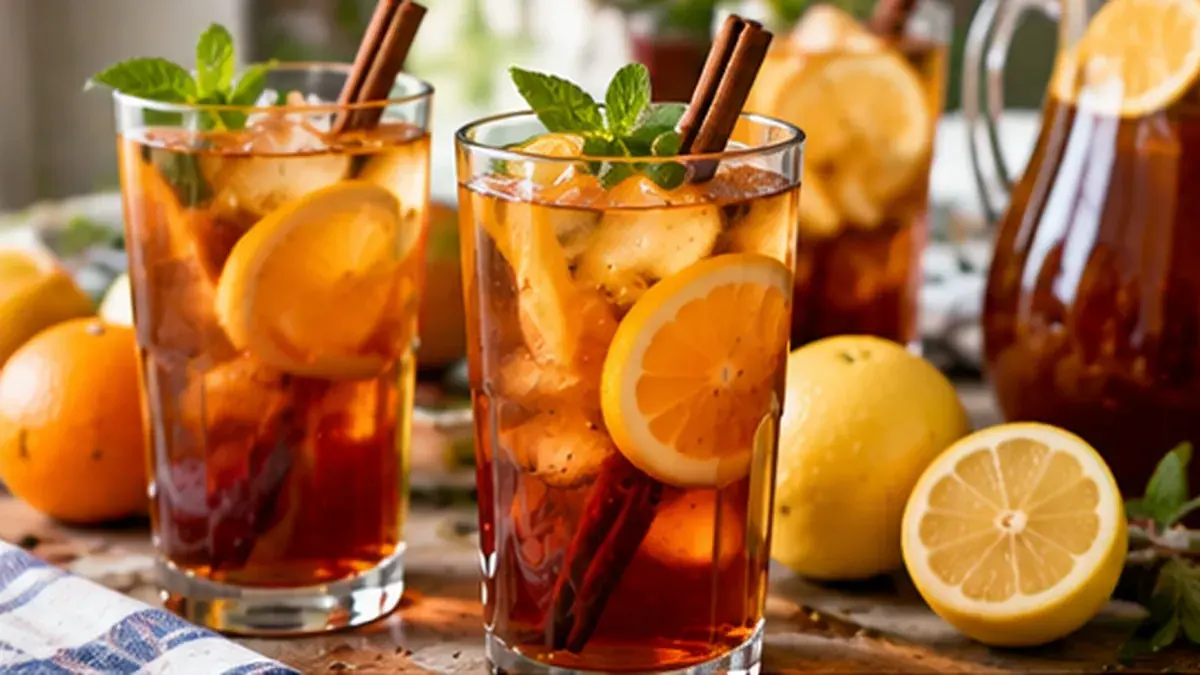 Glasses of iced tea with orange and lemon slices, cinnamon sticks and mint