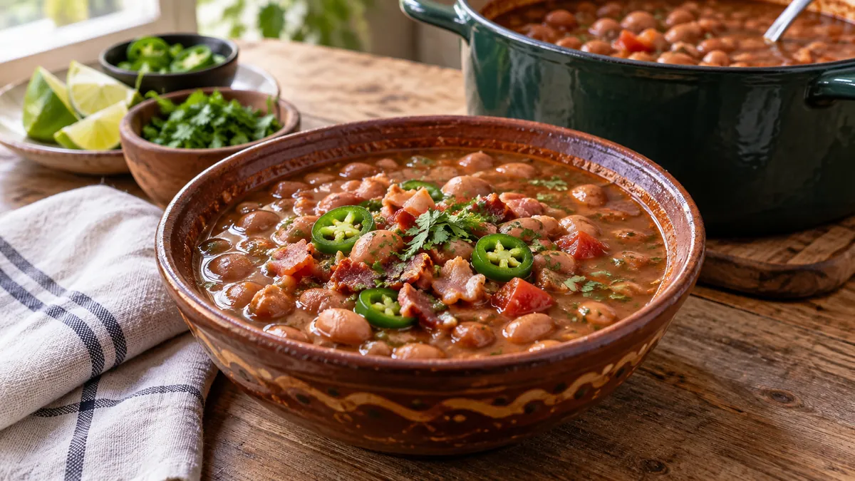 Bowl of charro beans with bacon, tomato, jalapeño and cilantro