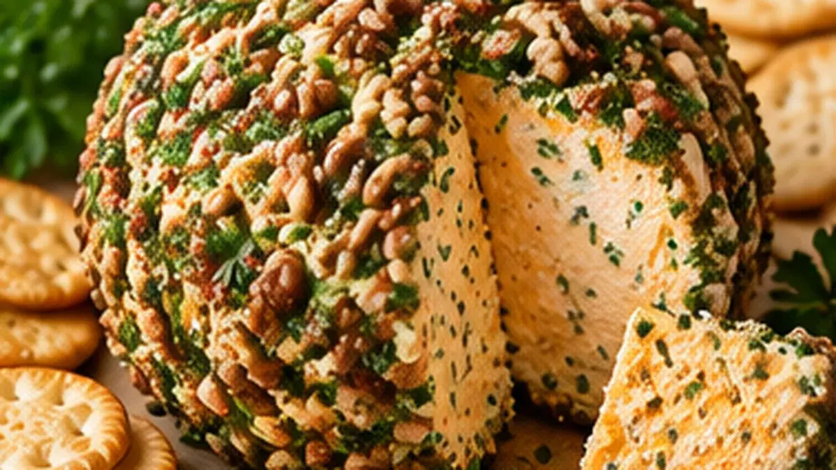 Cheddar cheese ball rolled in walnuts and parsley with a wedge cut out, surrounded by crackers