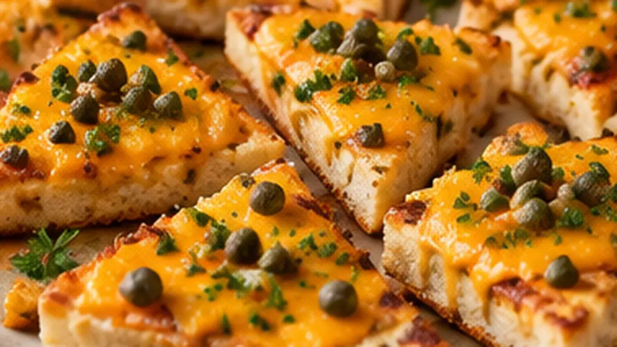 Broiled English muffin triangles topped with melted Cheddar, scallions and capers