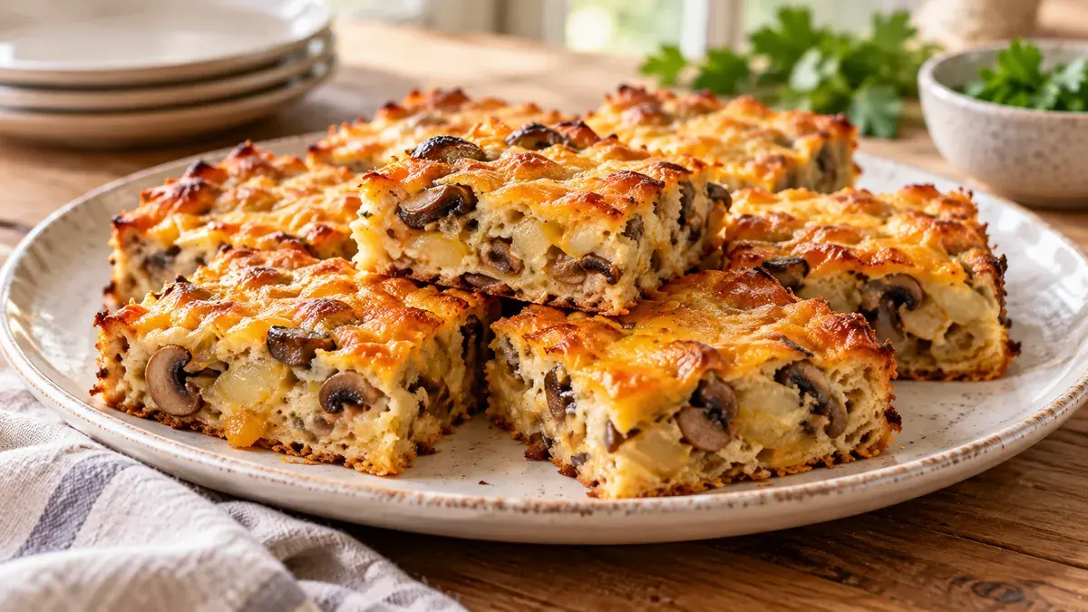 Squares of baked onion, mushroom and Cheddar bake on a platter
