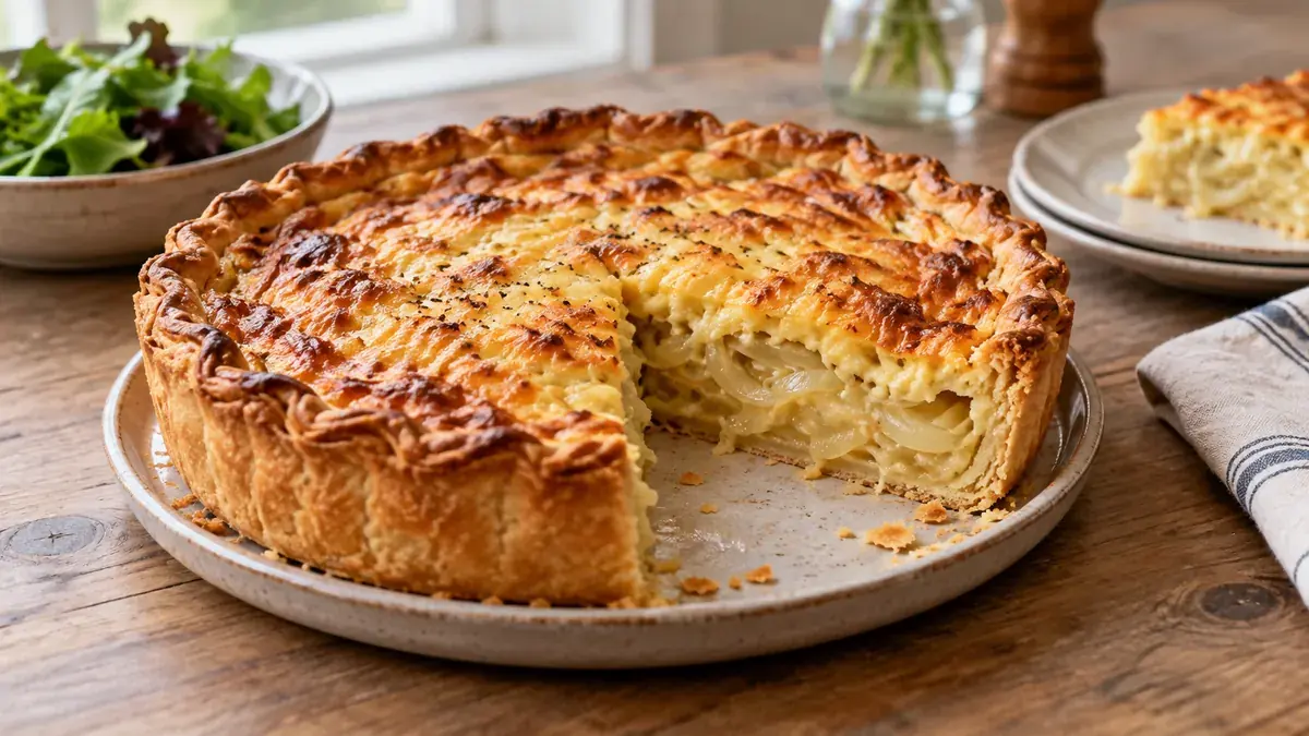 Cheese and onion pie with a browned top and a slice cut out showing the onion filling
