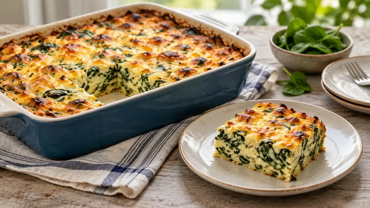 Cheese and spinach casserole with a golden top, one square served on a plate