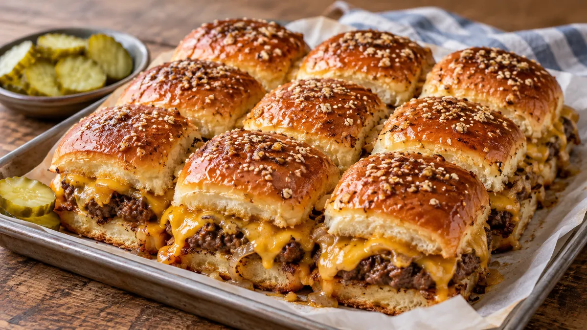 Pan of baked cheeseburger sliders on golden sesame-topped rolls with pickles