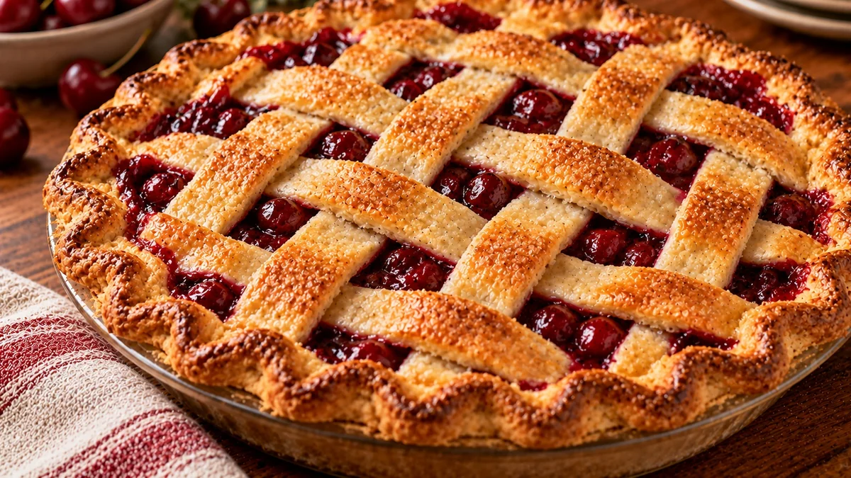 Cherry pie with a golden lattice crust and glossy red filling