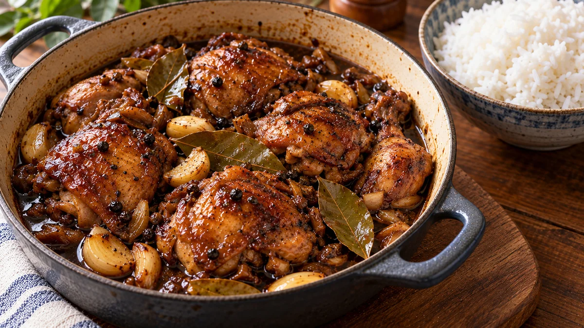 Chicken adobo in a dark garlic soy vinegar sauce with rice