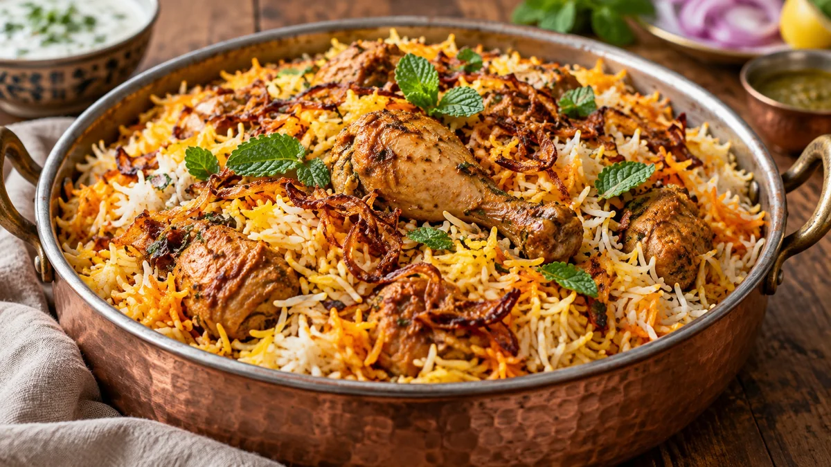 Chicken biryani with saffron rice, fried onions and mint