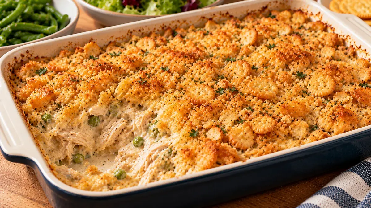 Creamy chicken casserole with a golden buttery cracker crumb topping, one serving scooped out