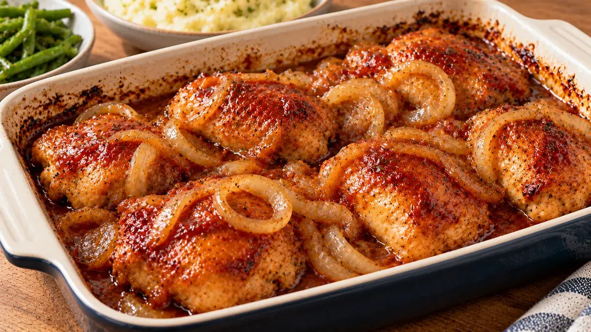 Baked chicken pieces in a glossy sweet and tangy sauce topped with softened onion rings in a baking dish