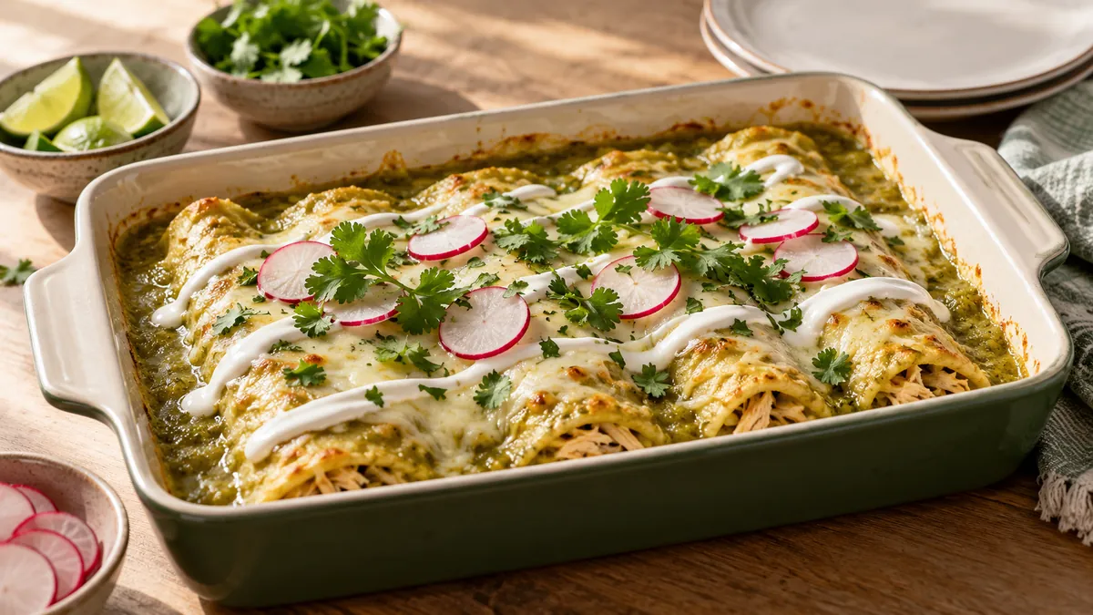 Chicken enchiladas in green tomatillo sauce with melted cheese, sour cream, cilantro and radishes