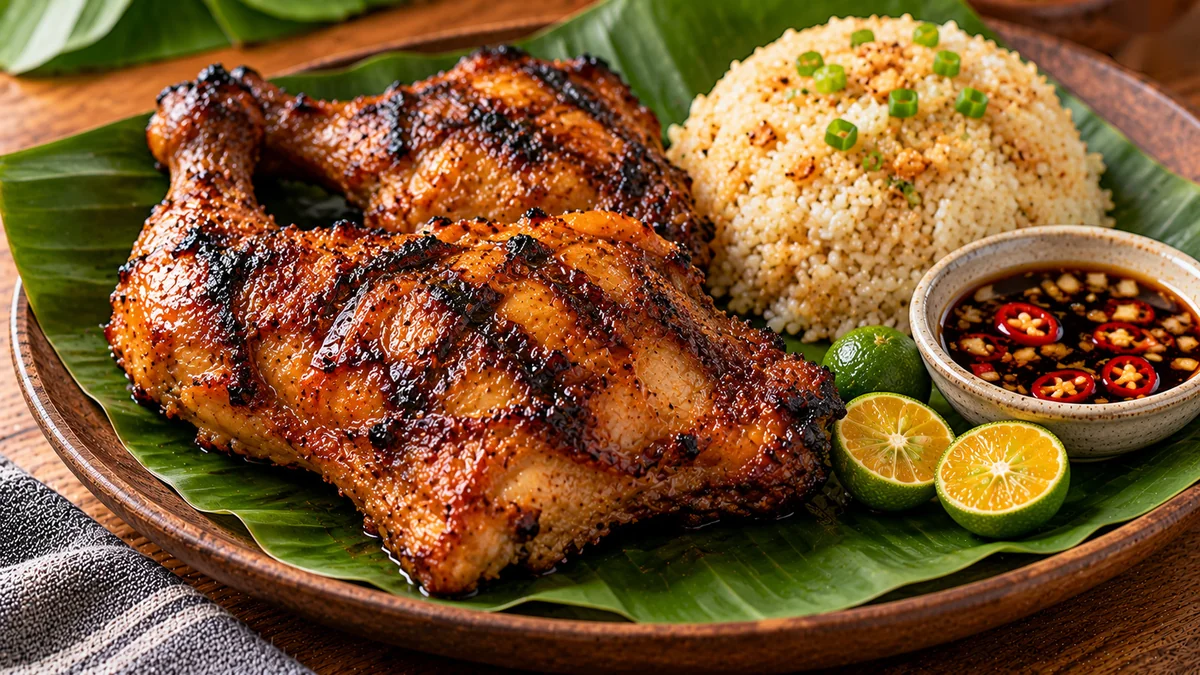 Charred orange chicken inasal leg quarters with garlic rice